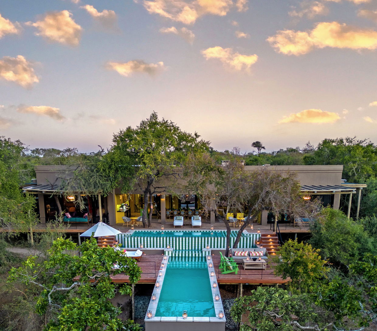 front aerial view of Africa house royal malewane at sunset