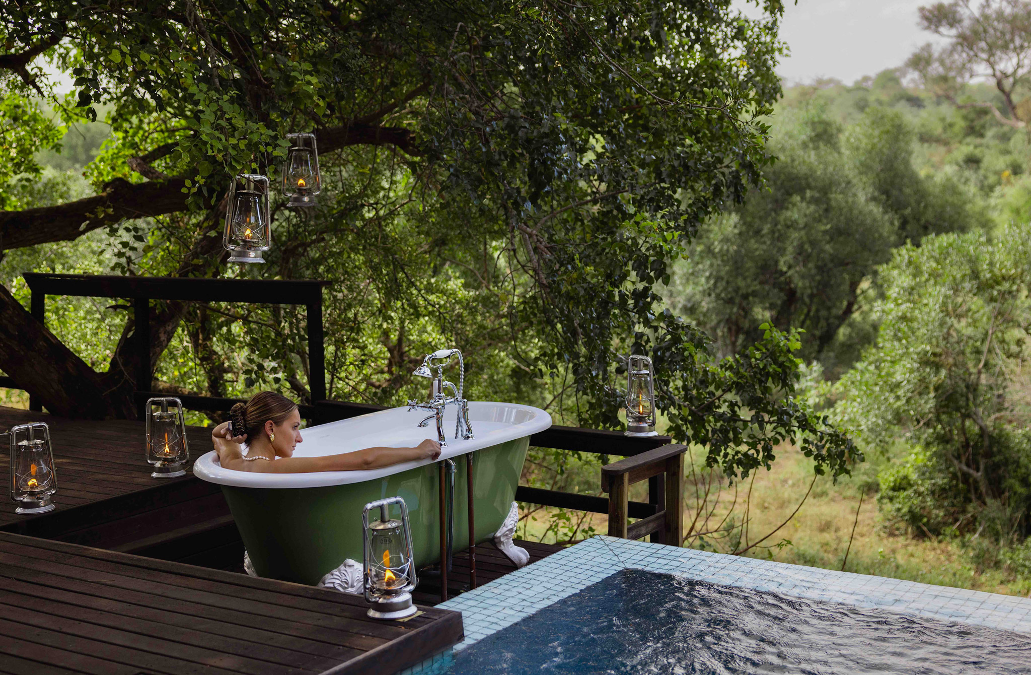 bath time on pool deck of royal malewane