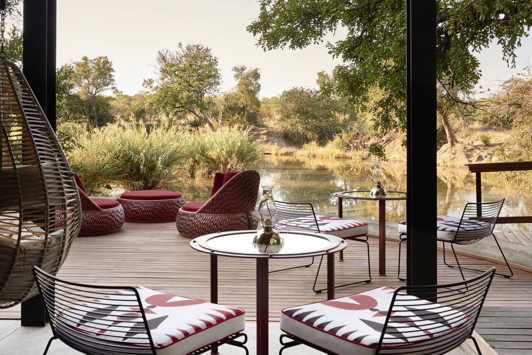 Royal Malewane Lodge View Masiya Bar with table and chairs and bush view