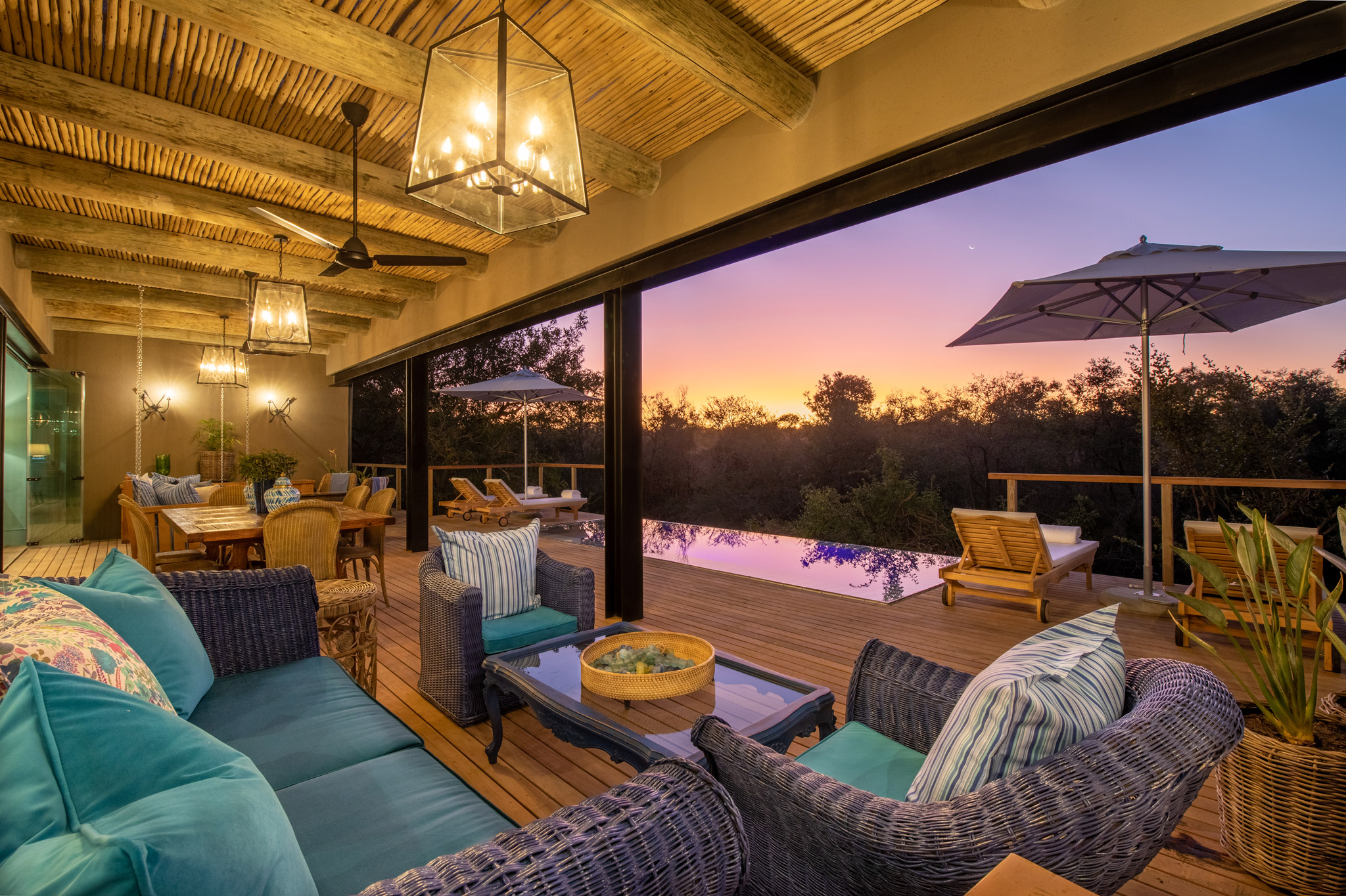 interior and deck view of baobab suite at Royal Malewane waterside lodge