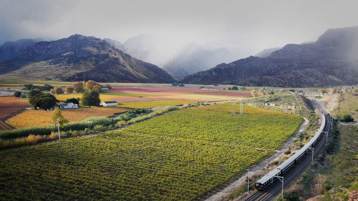 rovos rail train from above cruising in hex river valley cape province