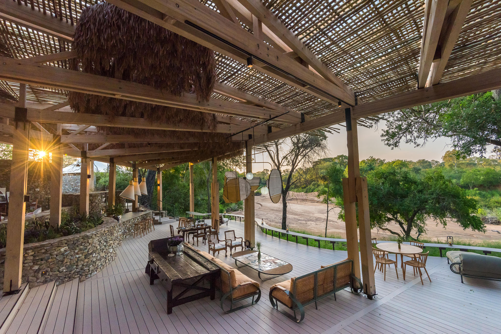 Saseka tented camp Thornybush main area with view of riverbed below