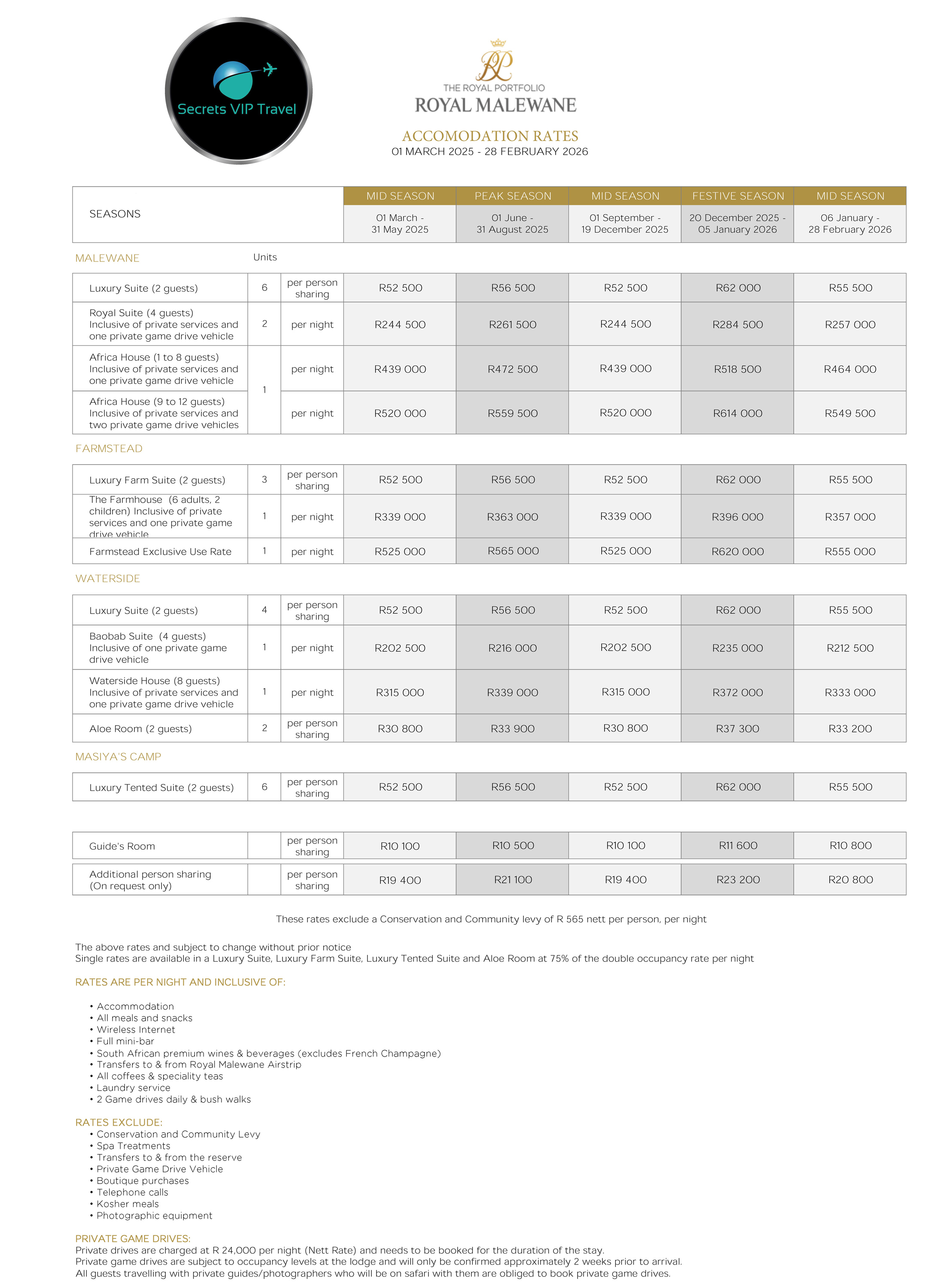 screenshot of rates 2025 royal Malewane