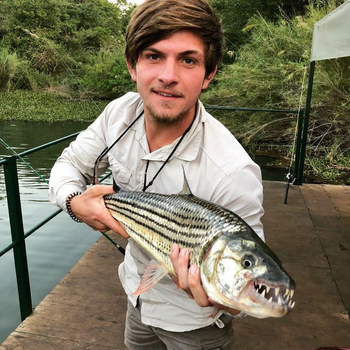 young man showing tigerfish caught on barge in Komati river