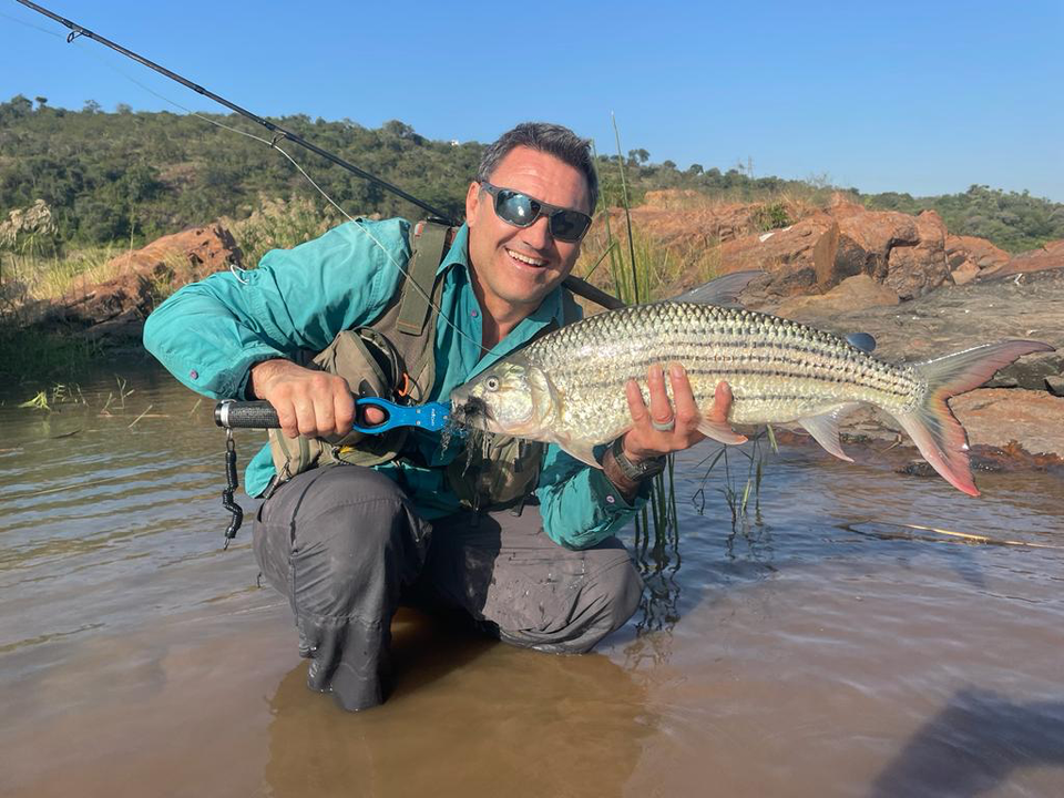 fly fisherman holding a big tigerfish caught in Komati river on fly