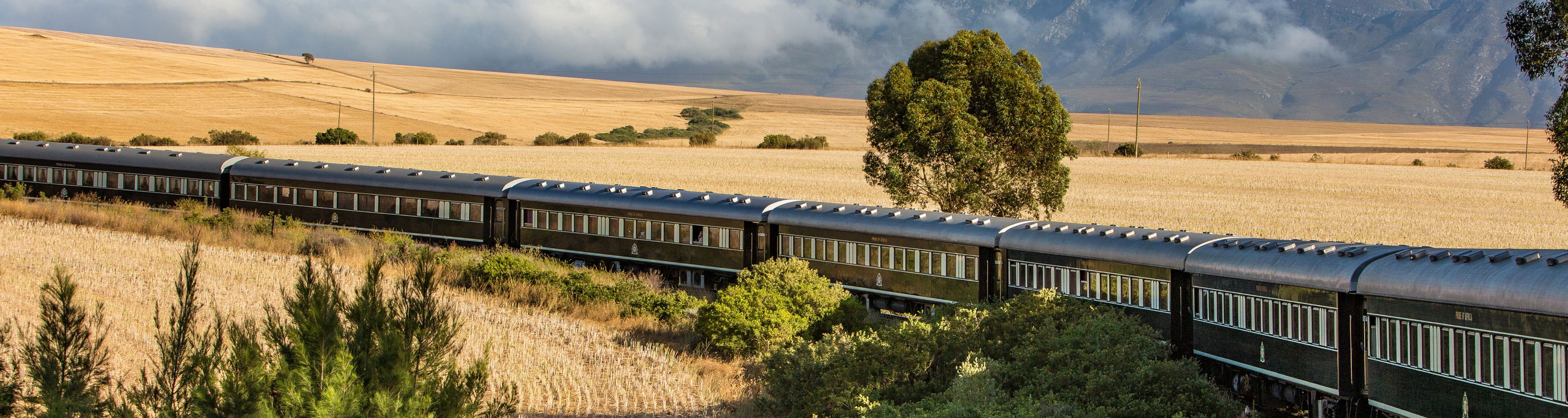  airiel view of rovos rail train ride through south Africa with mountain in backdrop