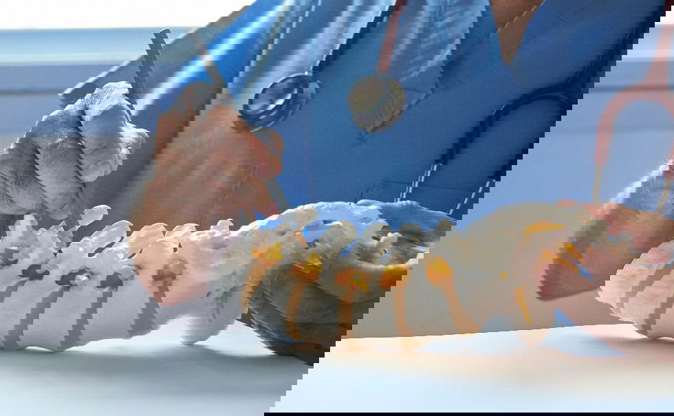 surgeon explaining procedure with pencil on plastic spine