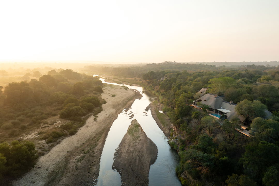 singita ebony lodge aerial view and sand river on the side