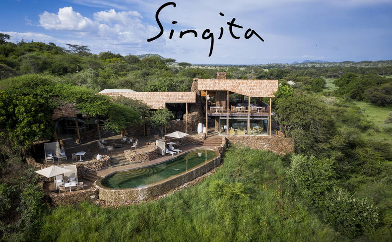 aerial view of exterior of Singita Faru Faru lodge Serengeti with logo overlay