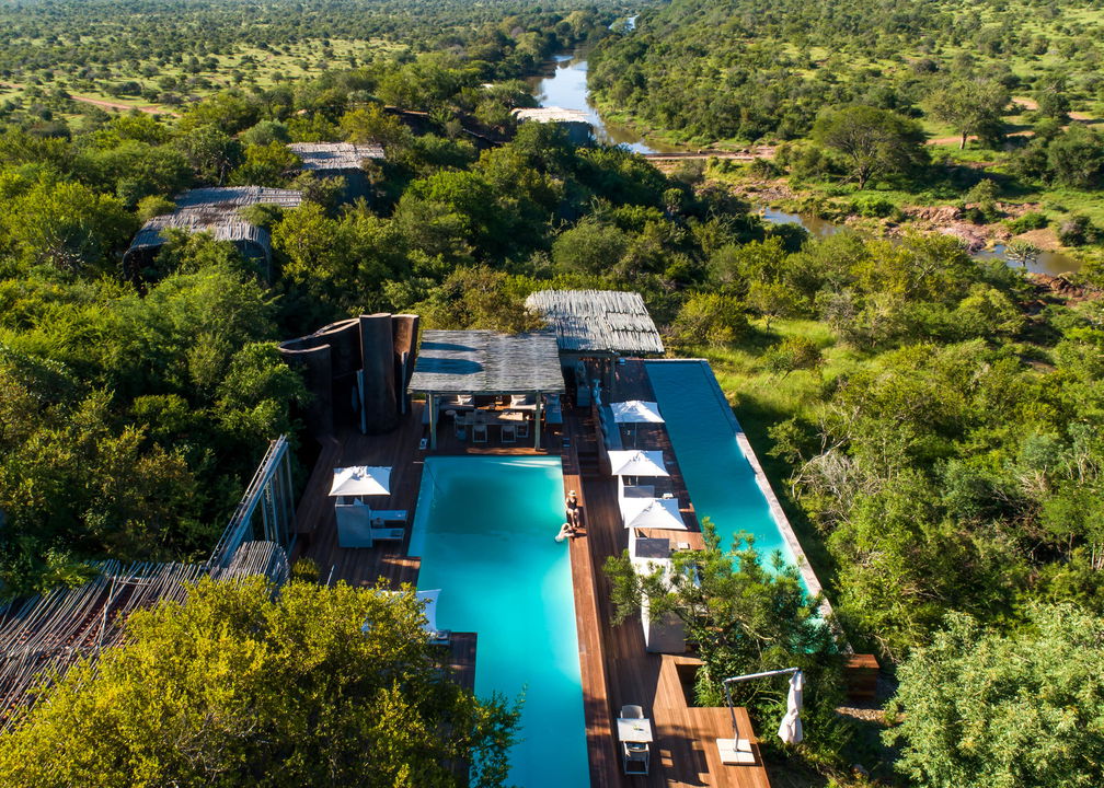 aerial shot of singita lebombo lodge showing pool of main lodge