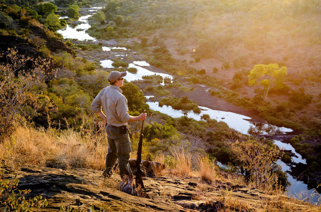 guide on a walking safari looking at valley below at singita sabi sand