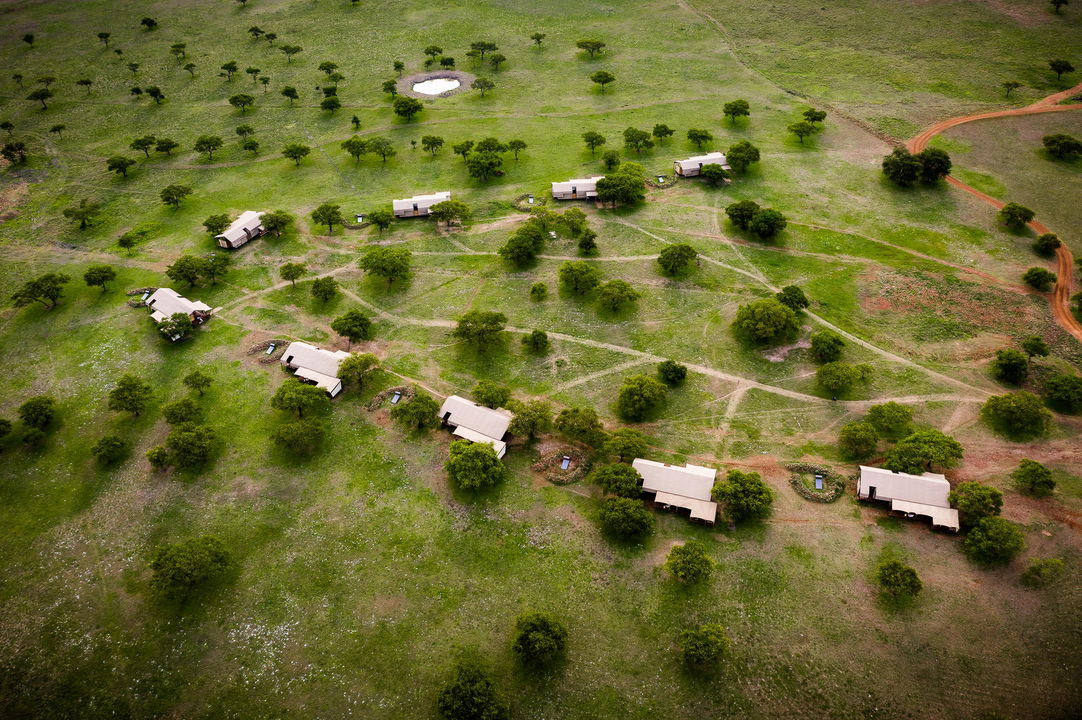 aerial view of the camp with all tented suites of Singita Sabora Tented Camp Serengeti 