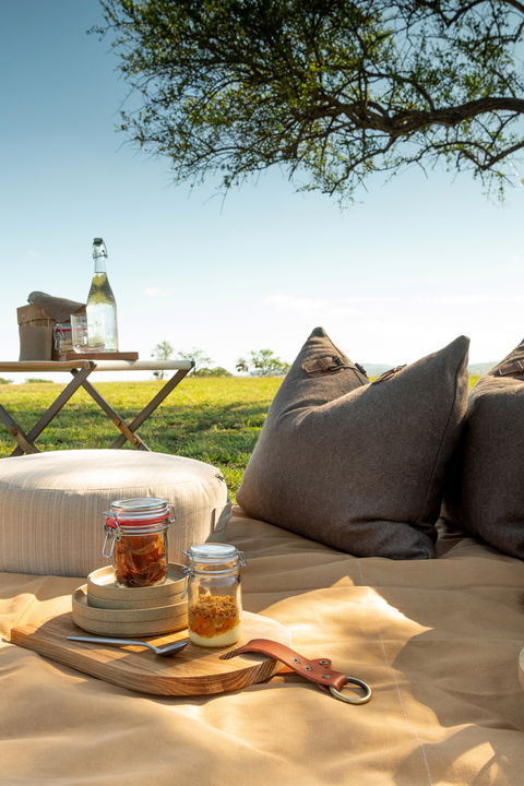 picnic setting under tree in morning by Singita Sabora Tented Camp Serengeti 