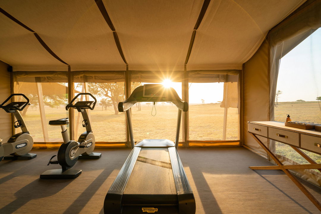 gym facility with a view at Singita Sabora Tented Camp Serengeti 