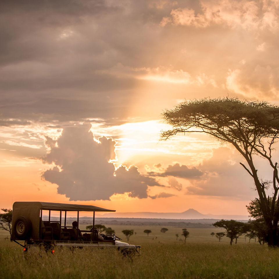 game drive vehicle on plains at sunset by Singita Sabora Tented Camp Serengeti 