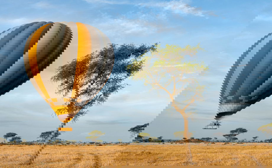 hot air balloon flying over the plains of the Serengeti