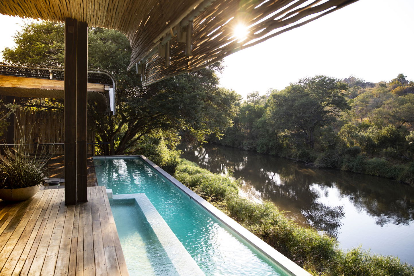 infinity pool at singita sweni main lodge viewed from the deck