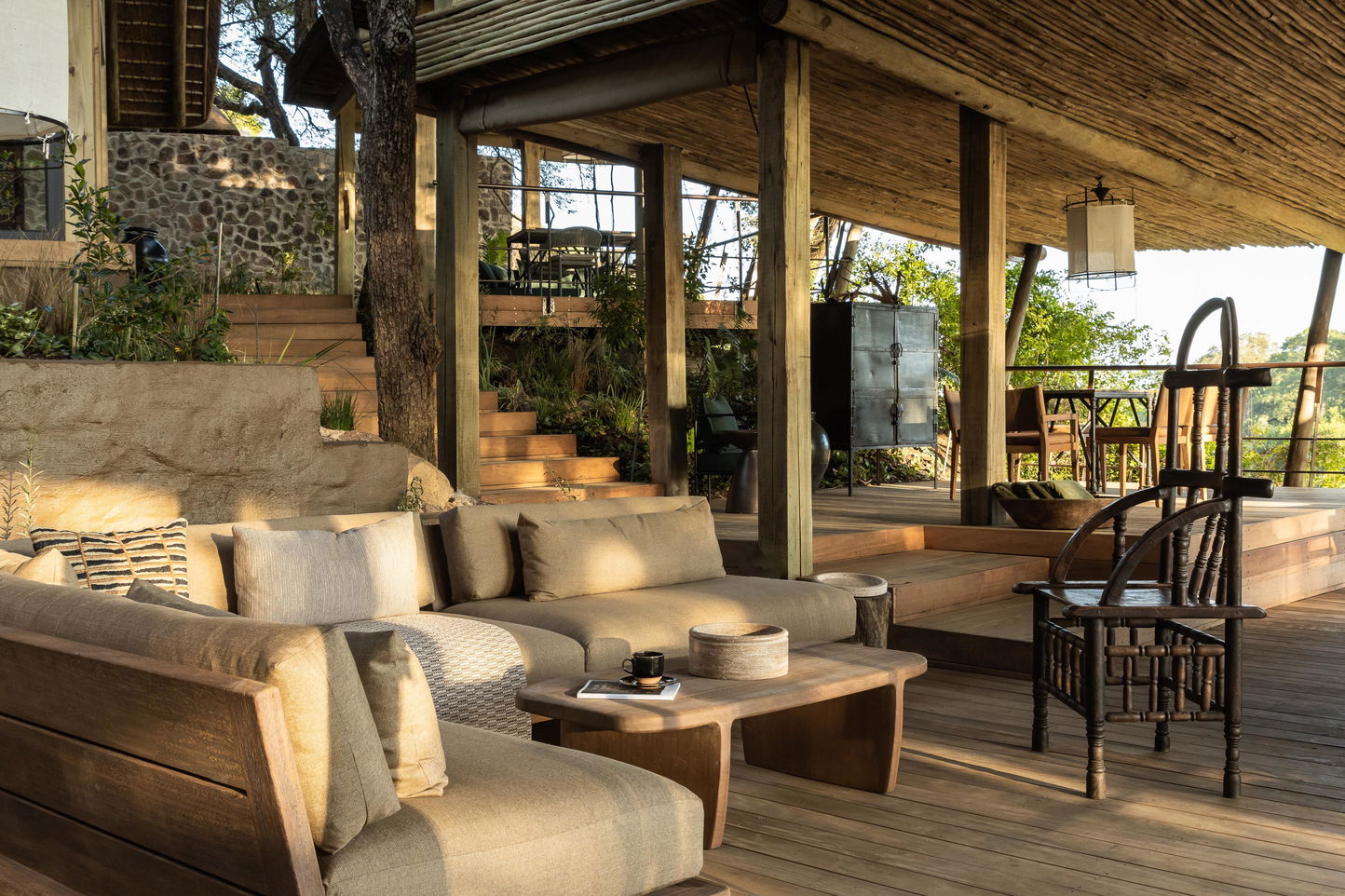 Singita Ebony lodge main deck and entertainment areas with couches