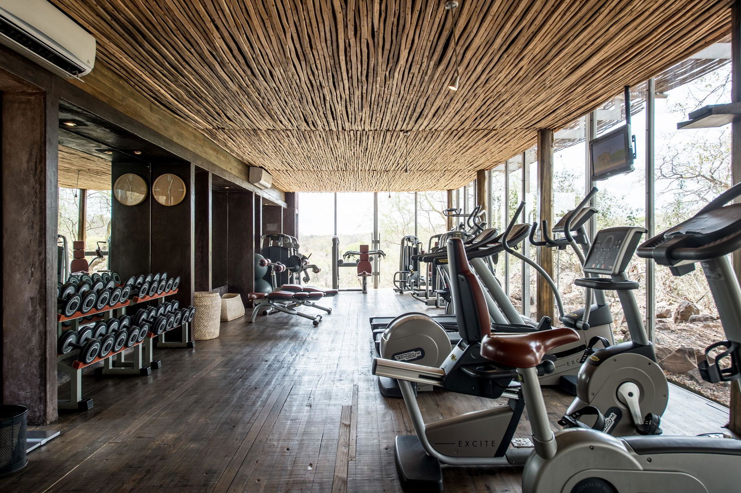 Singita Kruger national park wellness center with gym equipment and bush view