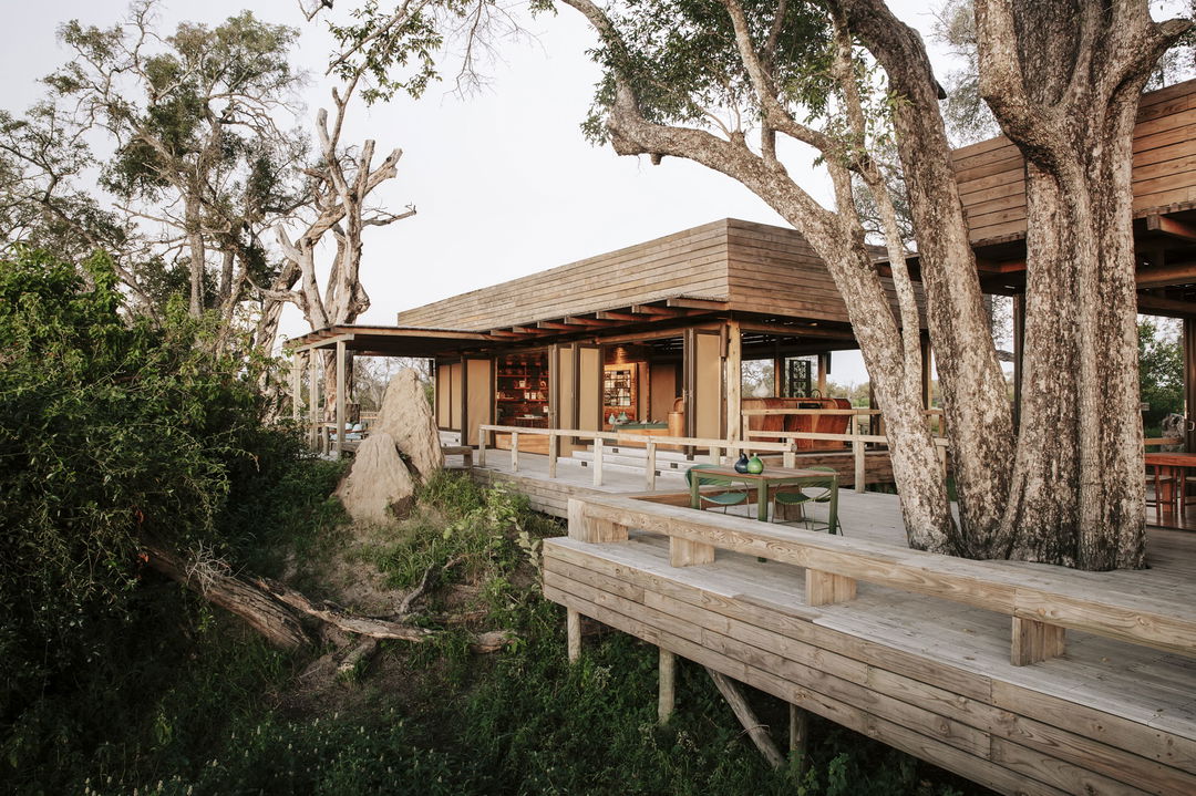 main viewing deck from below at Vumbura Plains Camp Wilderness Okavango Delta
