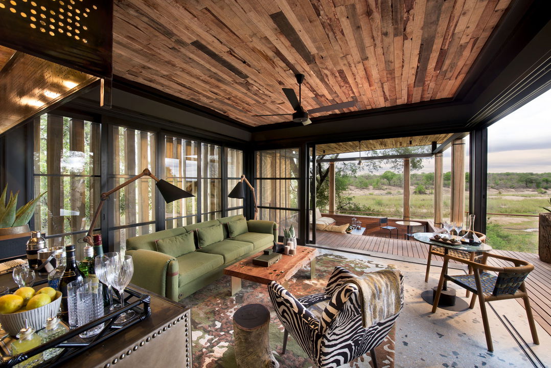 lounge area at &Beyond Tengile River Lodge Sabi Sands