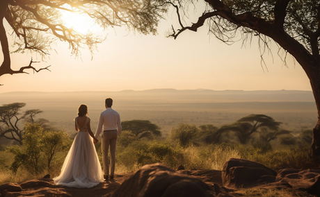 wedding couple at tengile river lodge looking out over valley at sunset wedding couple at tengile river lodge looking out over valley at sunset
