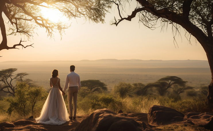 wedding couple at tengile river lodge looking out over valley at sunset