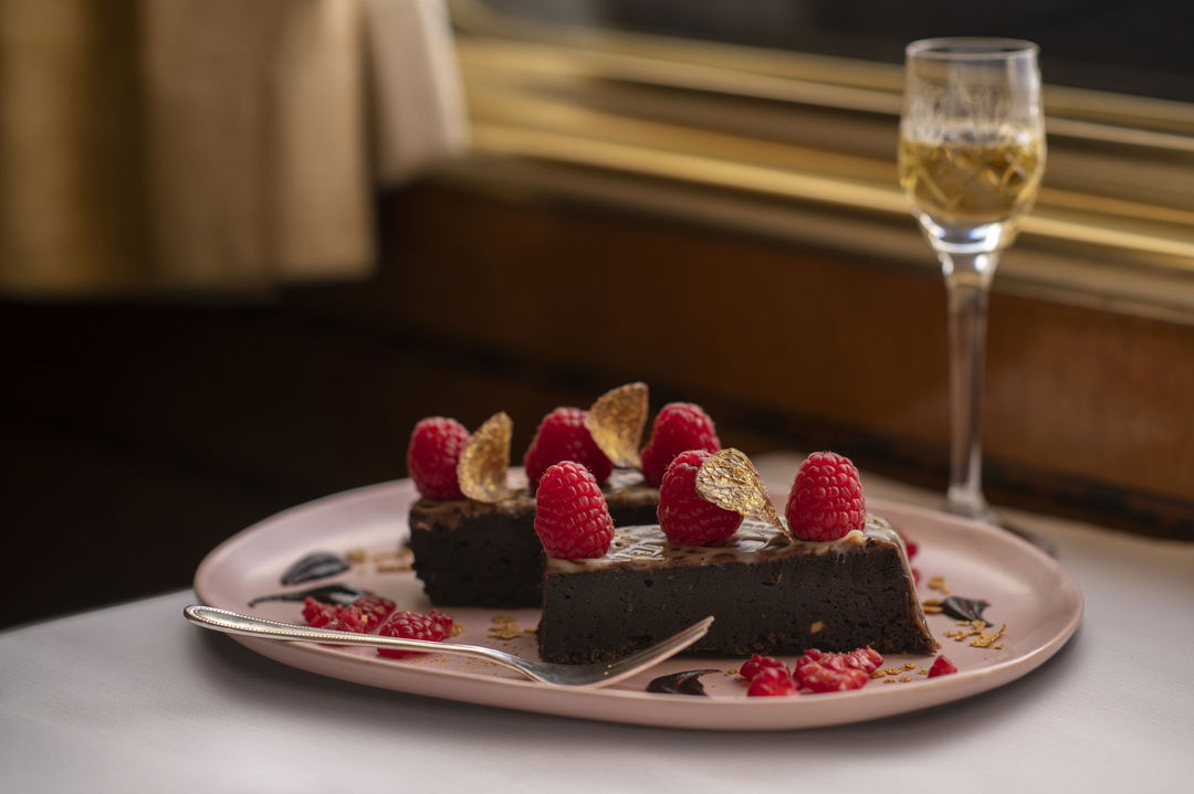cake slices with sherry and strawberries on Blue Train South Africa