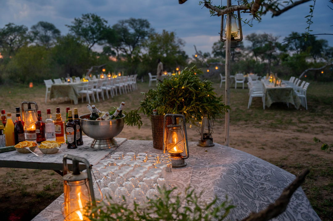 bush dinner setting at sunset in boma of thornybush game lodge