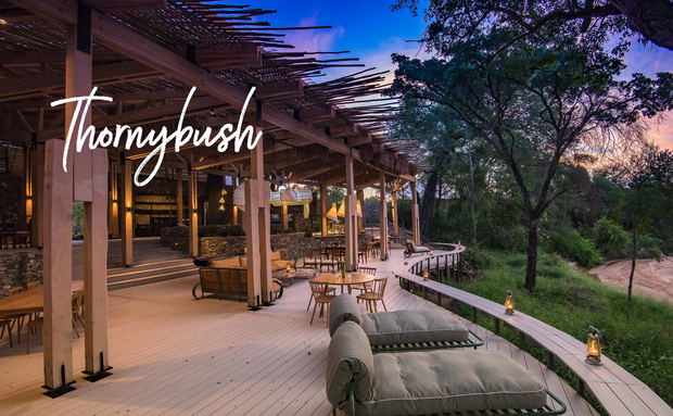 viewing deck of Saseka tented camp main lodge at sunset by Thornybush Saseka camp
