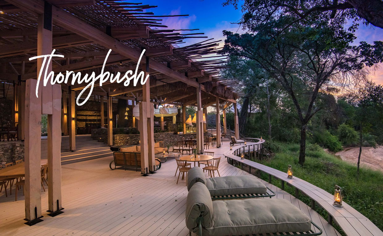 viewing deck of Saseka tented camp main lodge at sunset by Thornybush Saseka camp