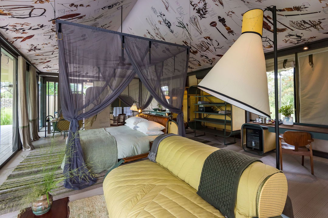 interior view of bedroom by thornybush saseka tented camp