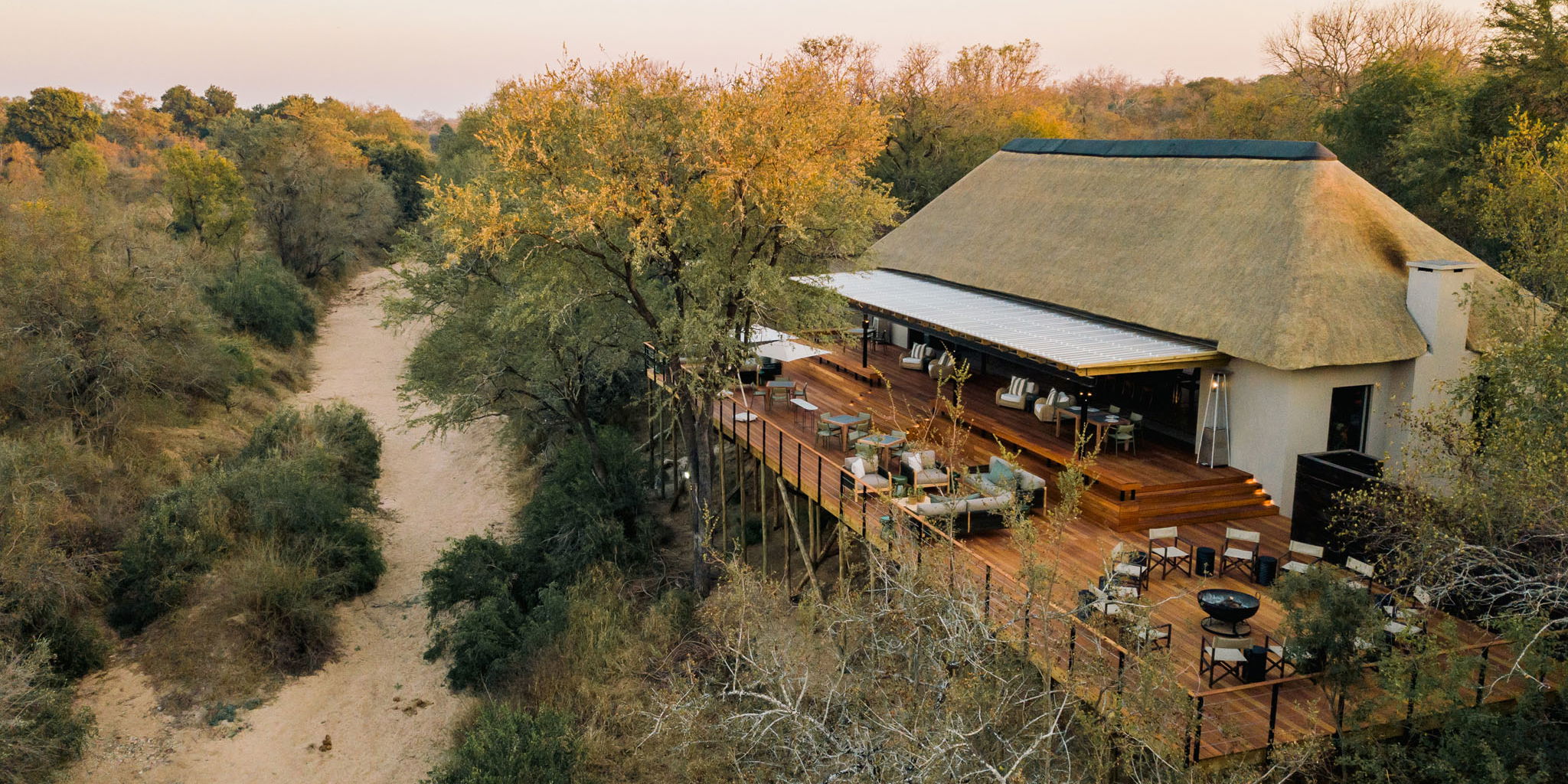 aerial view of main lodge from the river side of thornybush simbambili