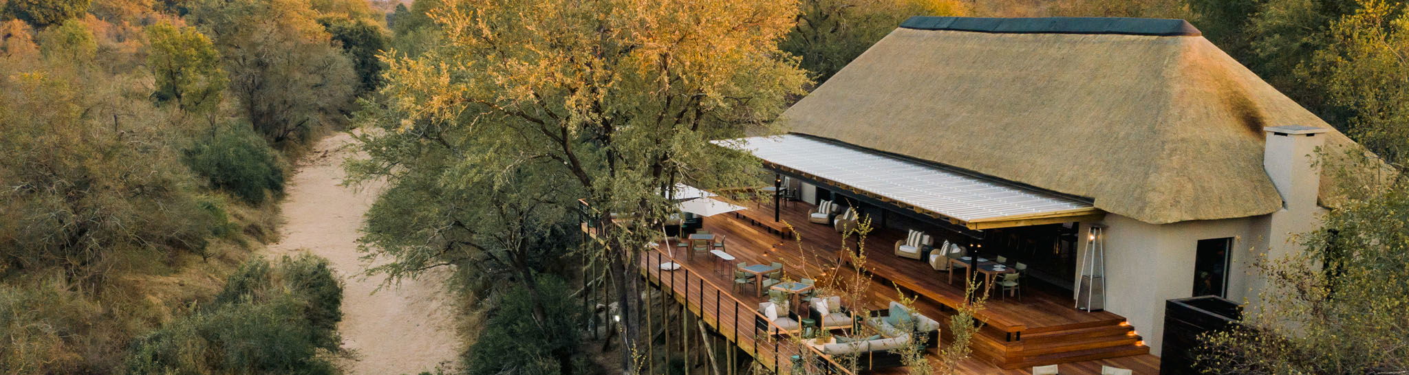 aerial view of main lodge from the river side of thornybush simbambili