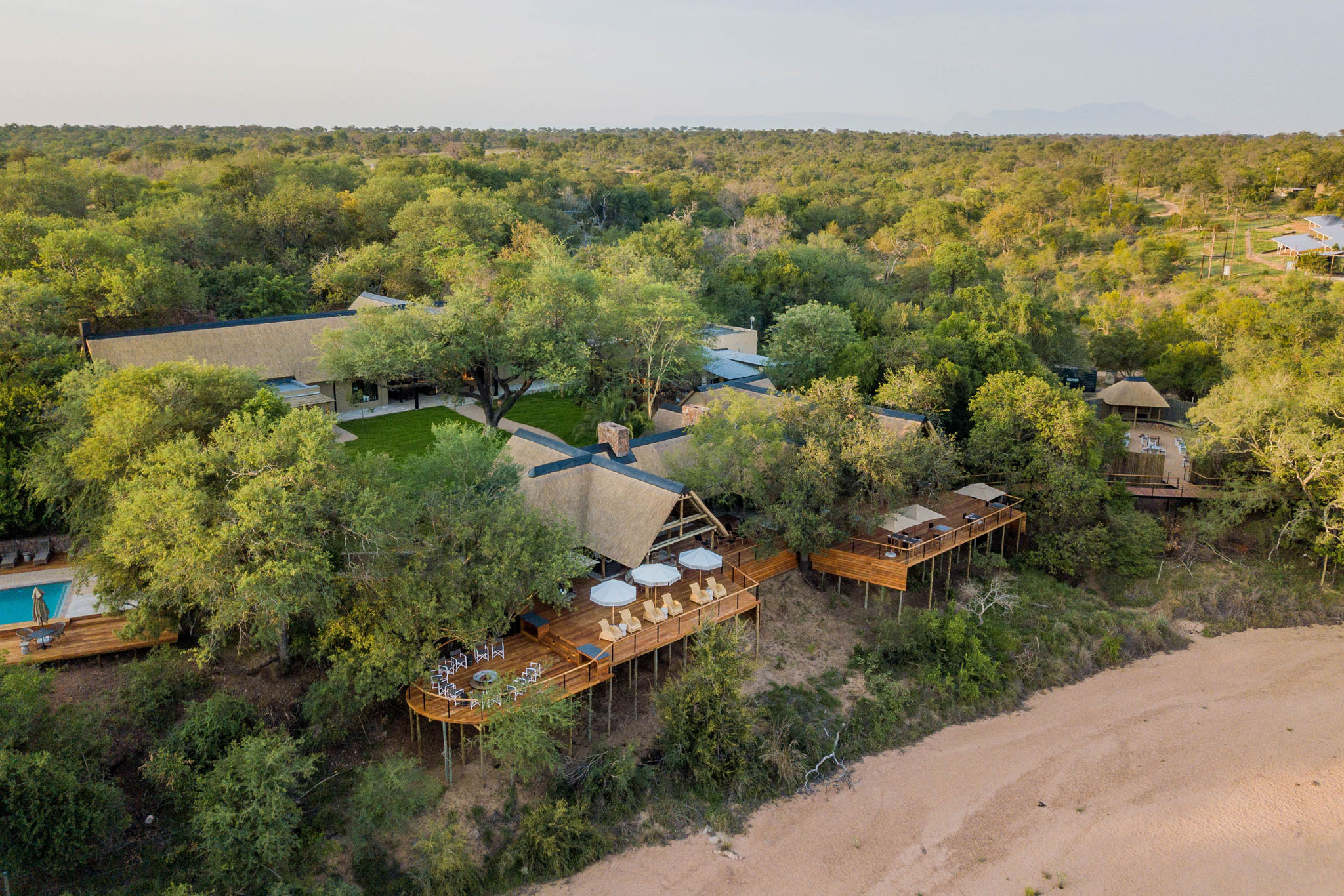 aerial view of Thornybush game lodge showing deck and pool