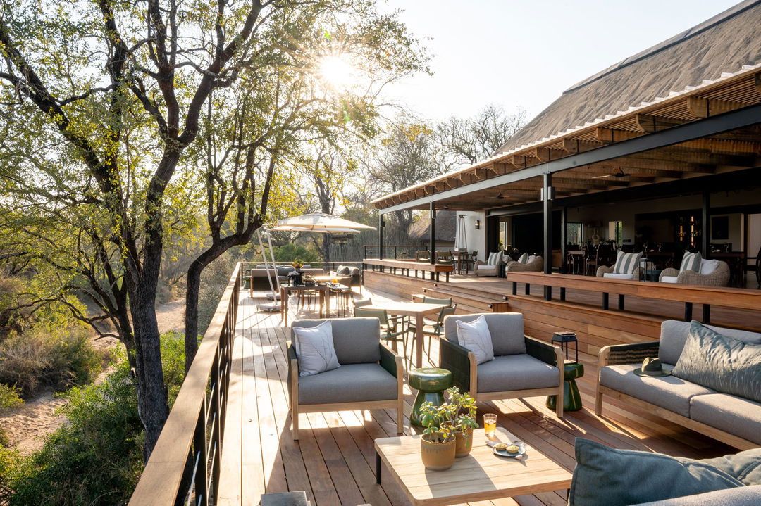 main deck area with luxurious seating at Simbambili lodge Thornybush