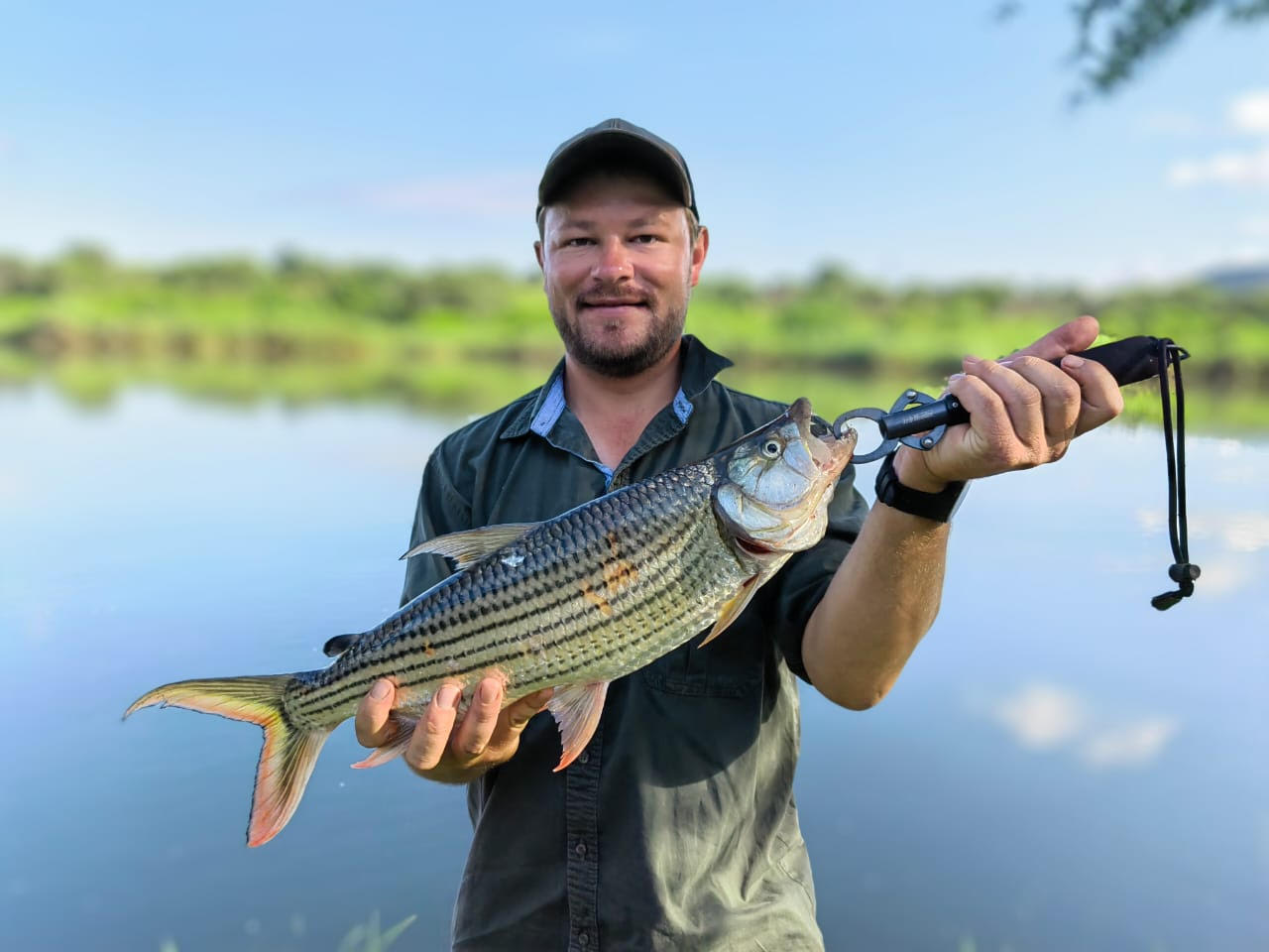 man holding tiger fish with lip grab at komati river