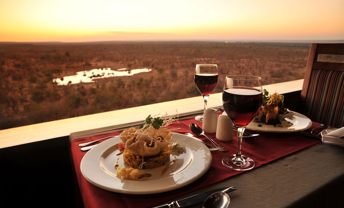food and wine served on the viewing deck of Victoria falls safari lodge Zimbabwe