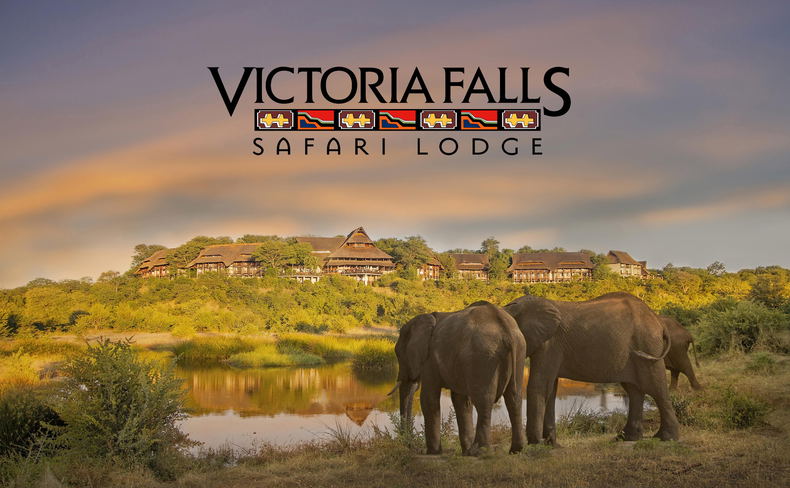 water hole with elephants and view of lodge building at Victoria falls safari lodge Zimbabwe with logo overlay water hole with elephants and view of lodge building at Victoria falls safari lodge Zimbabwe with logo overlay