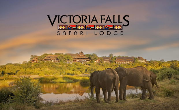 water hole with elephants and view of lodge building at Victoria falls safari lodge Zimbabwe with logo overlay water hole with elephants and view of lodge building at Victoria falls safari lodge Zimbabwe with logo overlay