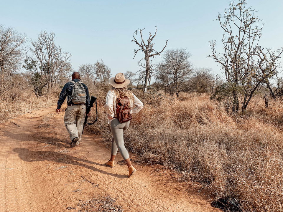guest on walking safari with armed guide in bush of Thornybush Reserve
