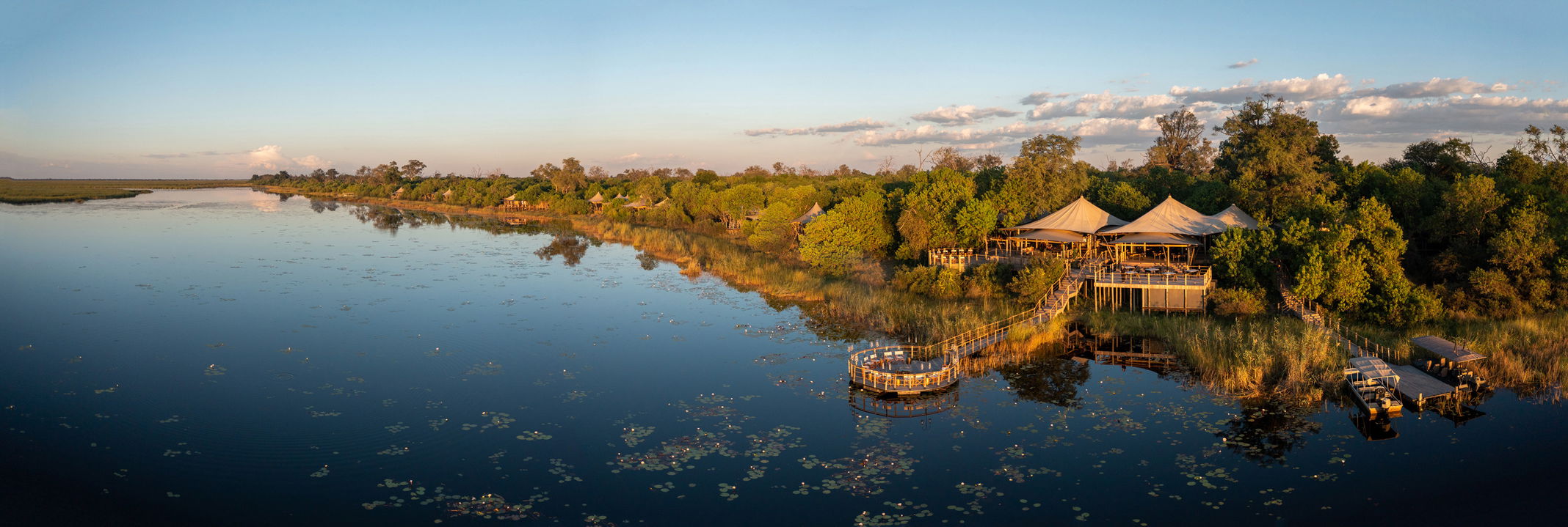 mid day aerial view of main facility at wilderness duma tau camp botswana
