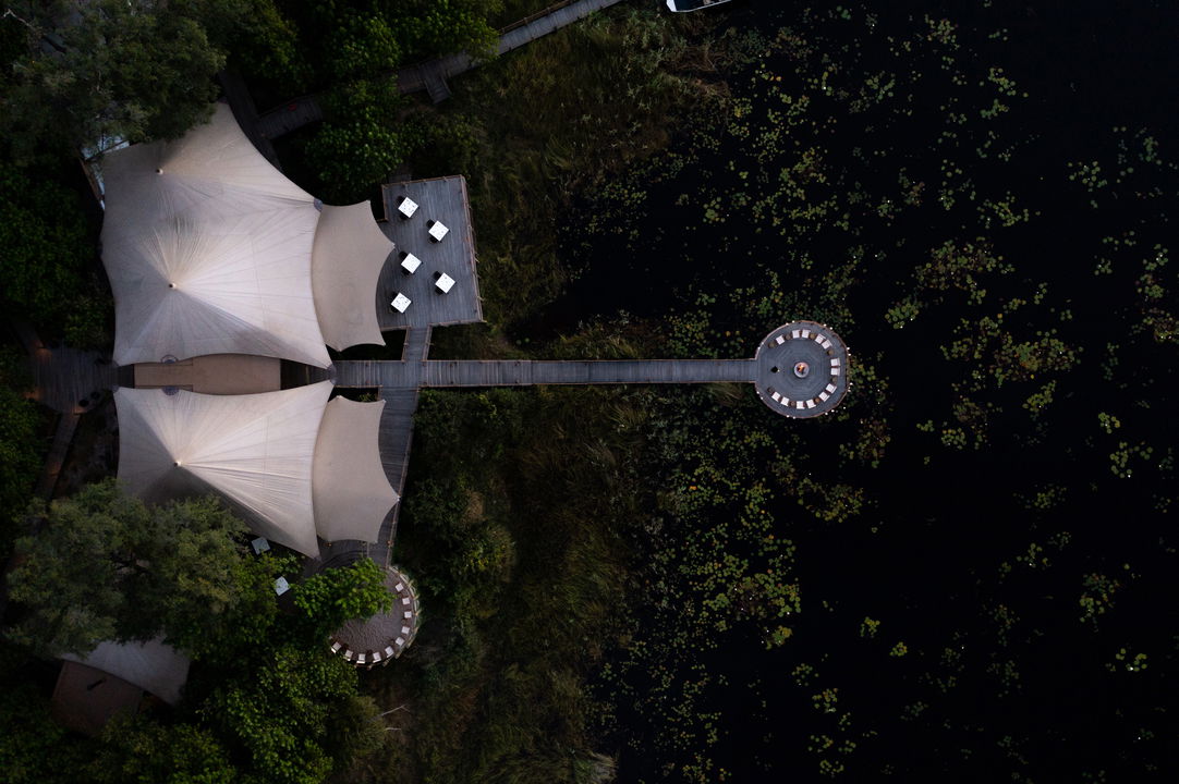 aerial view of main camp facility of wilderness duma tau camp botswana