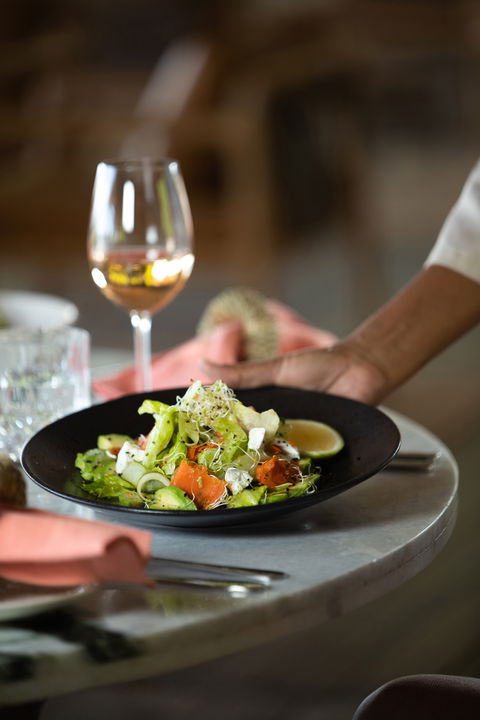 plate with gourmet food served to guests at wilderness duma tau camp botswana