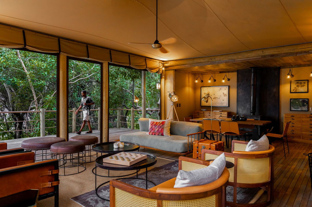view of the main lounge at wilderness duma tau camp botswana