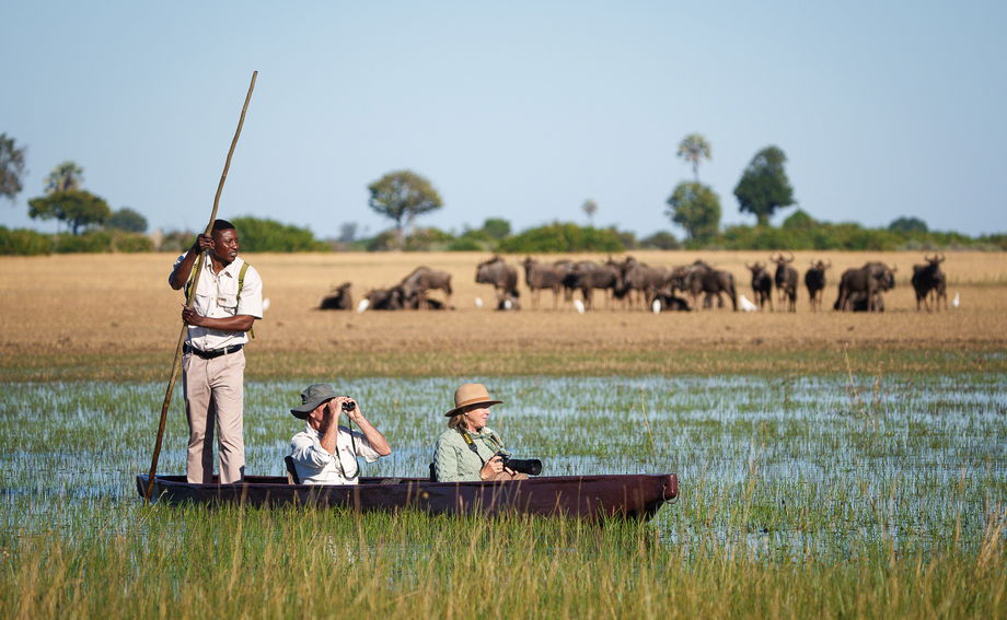 guests and guide in mokoro ride sighting antelopes in delta waters of Jao Camp Wilderness Botswana