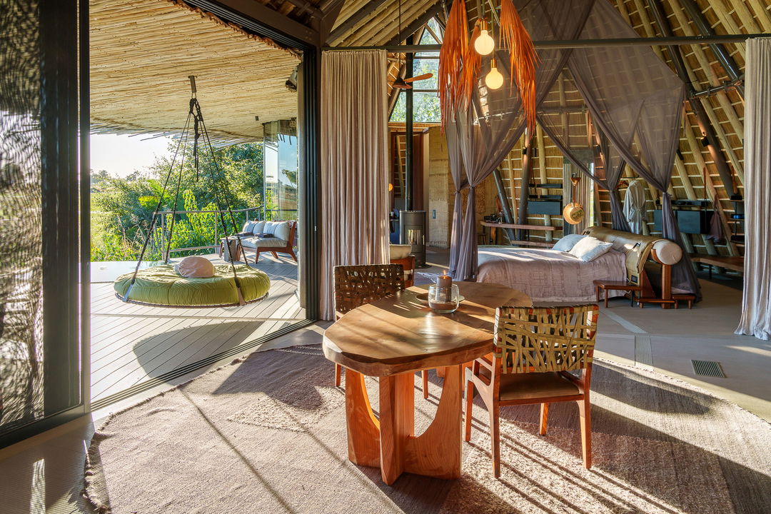 interior sunlit view of a luxury suite at Jao Camp Wilderness Botswana