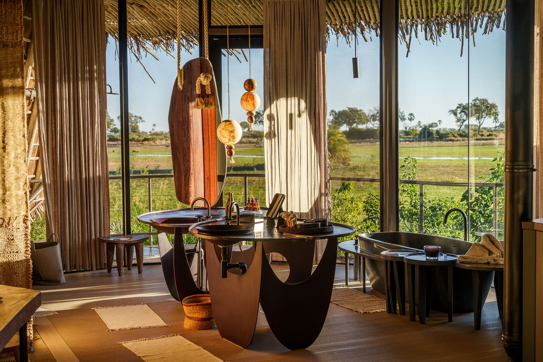 vanity in the luxury suite at Jao Camp Wilderness Botswana