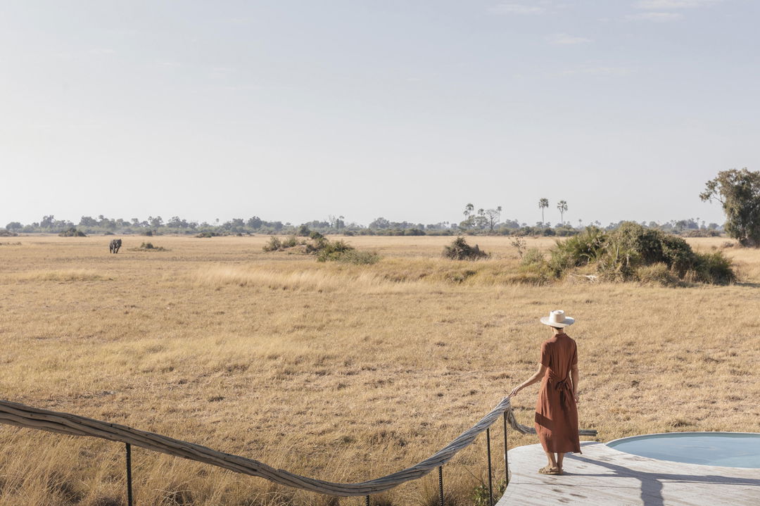 lady on viewing deck looking out over savanna at Okavango Delta by Little Mombo Wilderness