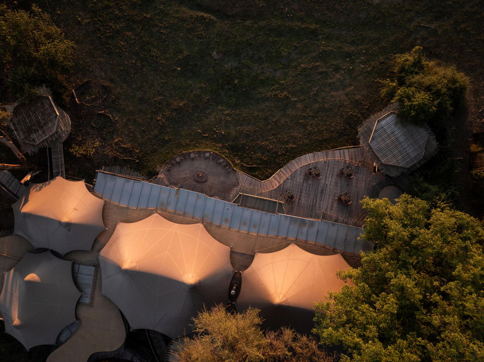 aerial view from above of Wilderness Mombo Camp